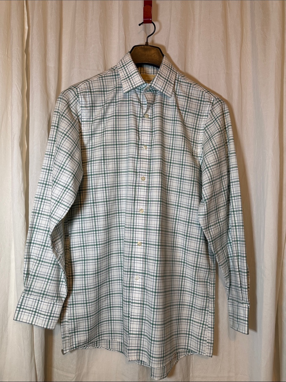 Men's White and Green Plaid Casual Button-Down Shirt